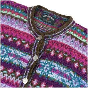 Lost Horizons Hand Knit Nepal Wool Cardigan Womens L Purple Multicolor Fair Isle